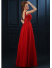 Beaded Red Ruched Chiffon Gorgeous Evening Dress